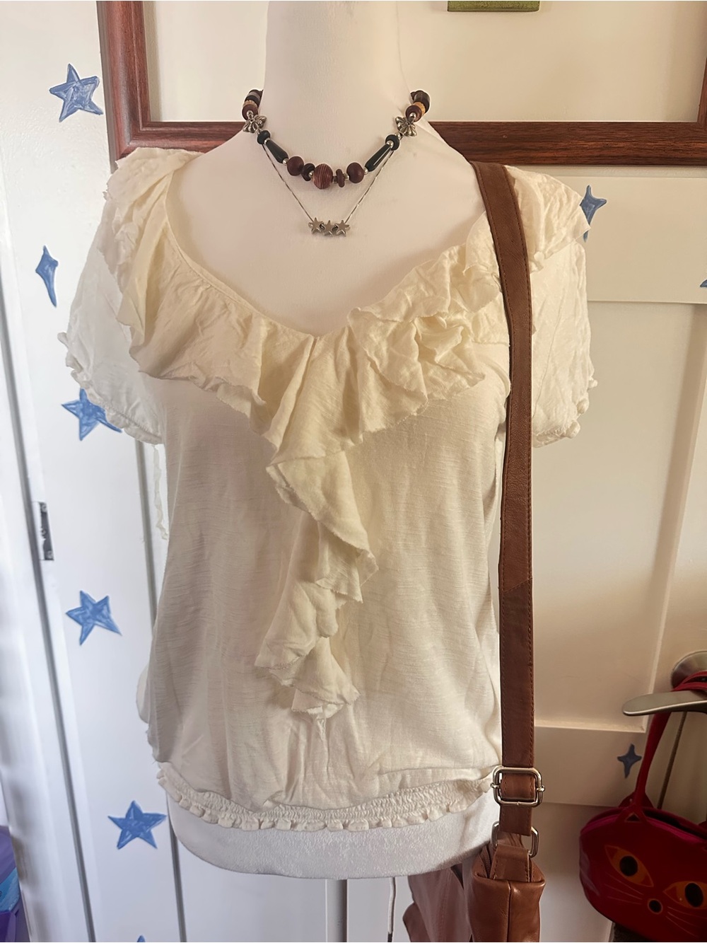 INC International Concepts Cream Ruffle V-Neck Blouse